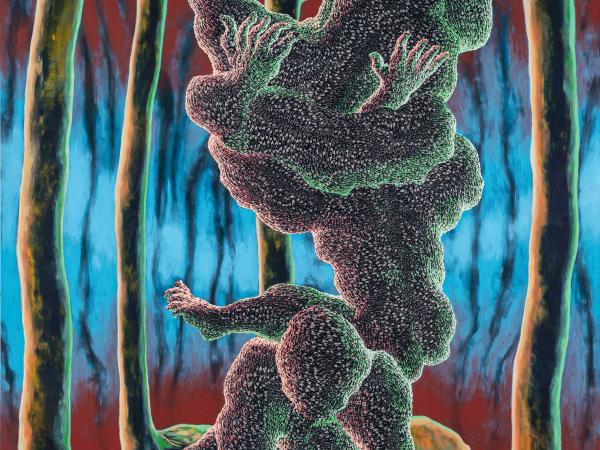 Kneeling figures in the middle of a cursed forest of tall trees