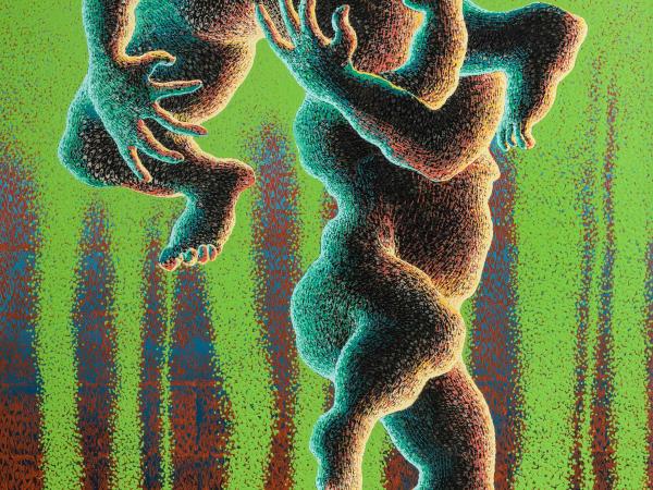 Intertwined figures hanging from a fruit tree like branches