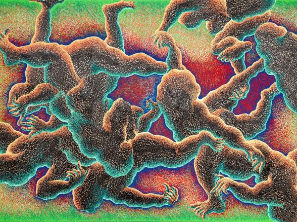 Pyschadelic dot color painting with figures with outstretched limbs intertwined