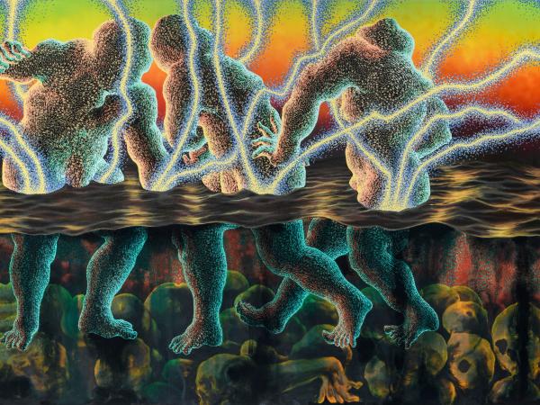 Larger-than-life figures emerging from a pile of skulls in an abstract landscape