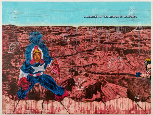 Mixed media artwork of an Indigenous woman in a vast canyon