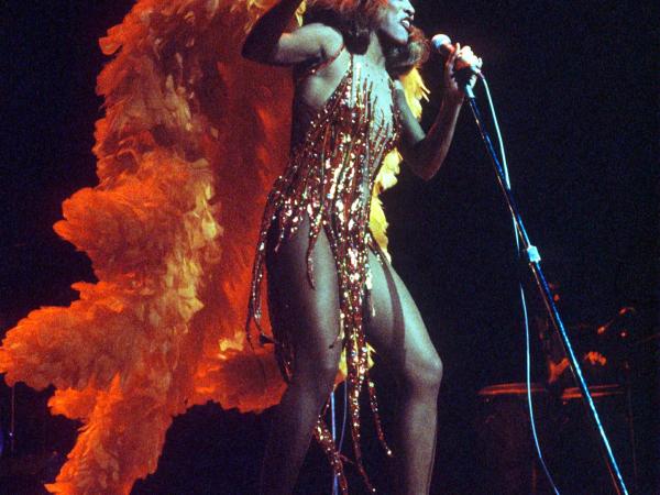 Tina Turner performing on stage with a large feather boa