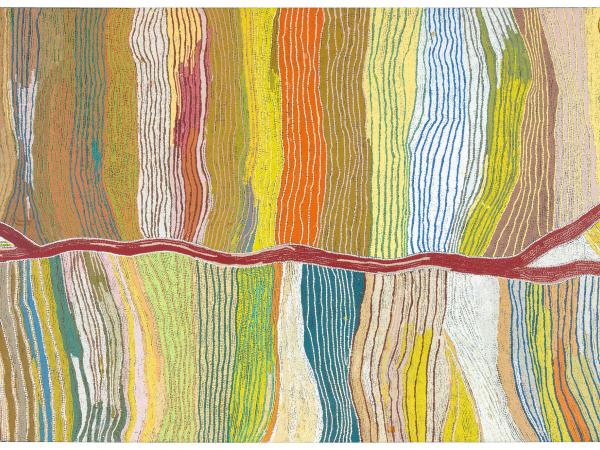 Colorful patterns of horizontal and vertical lines, map to resemble a top down topographic map