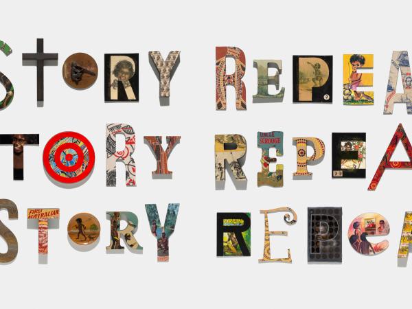 Collage featuring the phrase "history repeats" three times