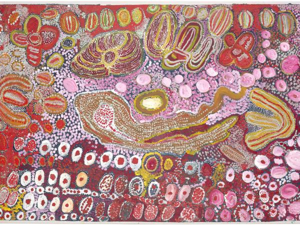 Abstract painting of circles and shapes in a swirling repeating pattern