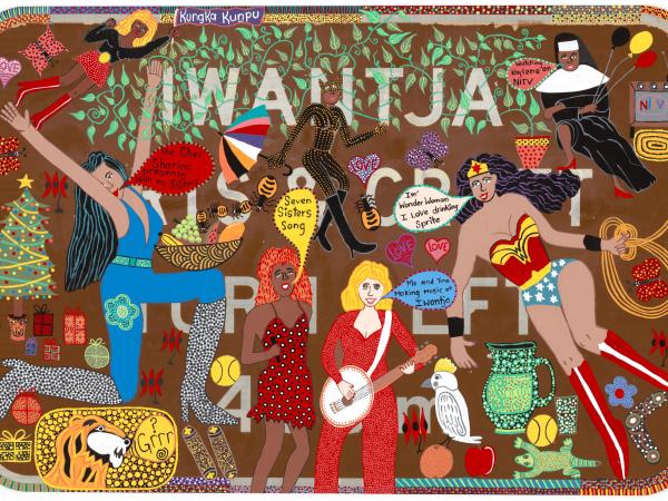 Collage-like artwork featuring women of different stripes and costumes performing together