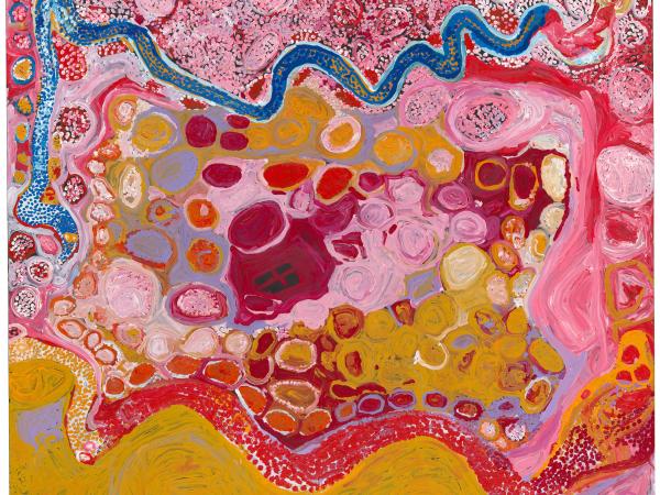 Abstract artwork of colorful shapes and lines that resemble a top-down view of the map