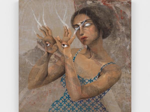 Figure with eyes on her hands with her hands outstretched in front of her