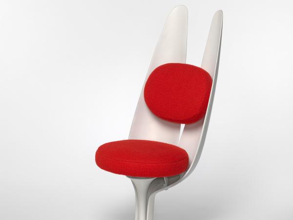 Metal chair with red cushions and antennae-like shapes