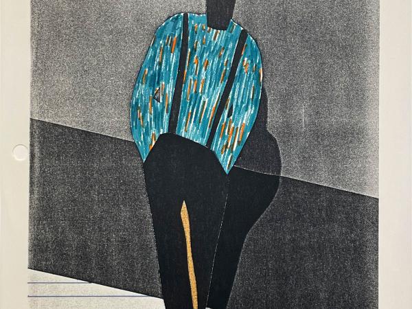 Print of an abstract stylish black man in a turquoise shirt, black pants, and suspenders