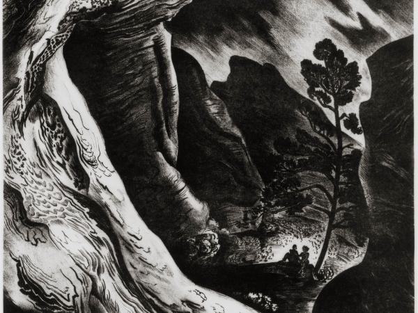 Black and white surrealist print of a hollowed out mountain range