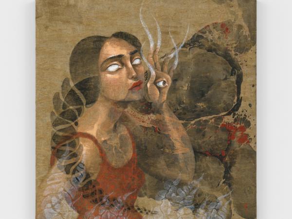 Woman in red dress smoking a cigarette