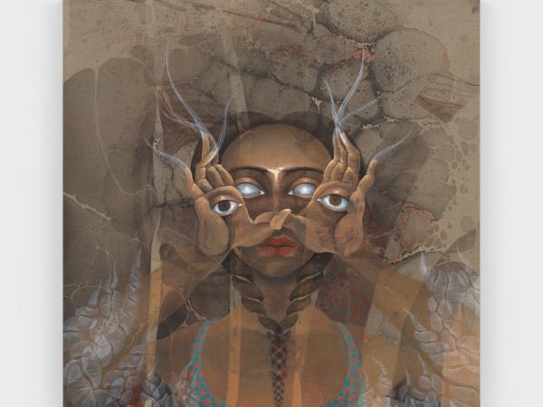 Figure with eyes on his hands covering their face, revealing four eyes