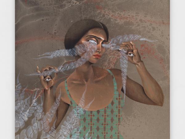 Figure with eyes on her hands with swirls of patterns emitting around them