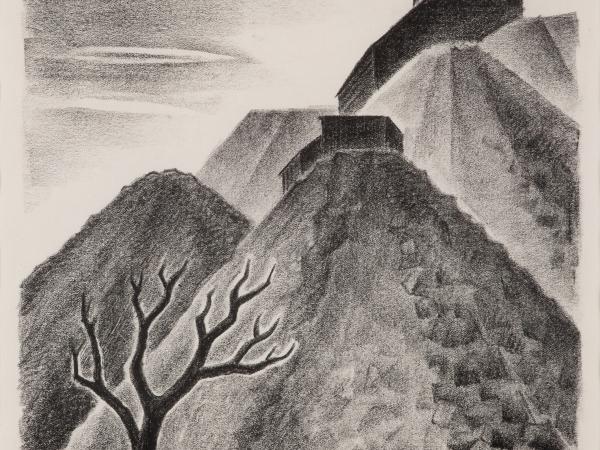 Black and white print of a delapidated structure at the foot of a mountain range