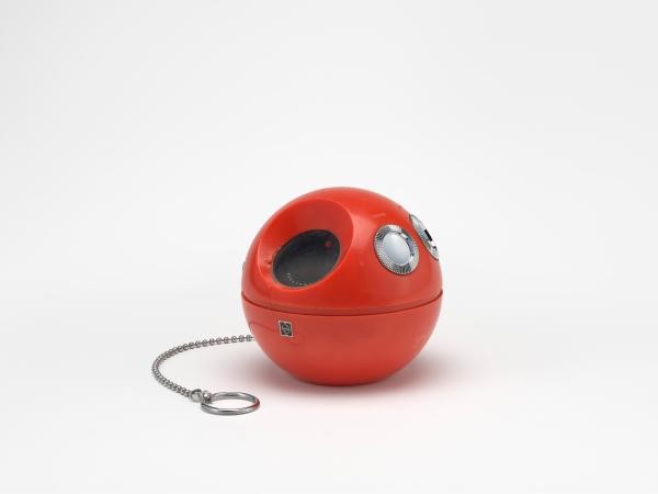 Red circular handheld radio on a chain