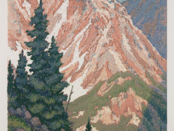 Print of a green forest and red, snowy mountain range