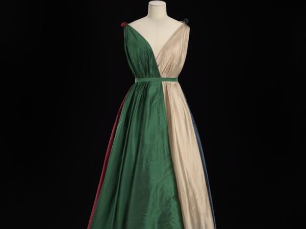 Green, white, and red colorblock formal gown