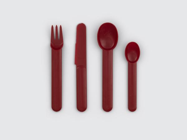 Deep red set of forks, knives, and spoons