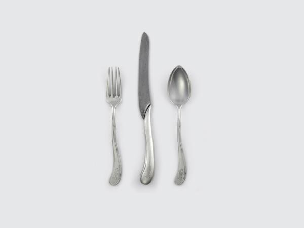 A silver fork, knife, and spoon set