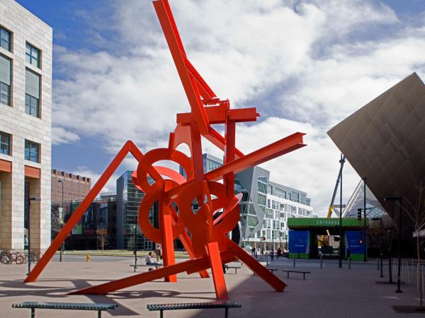 Abstract outdoor sculpture of intertwining shapes and angles