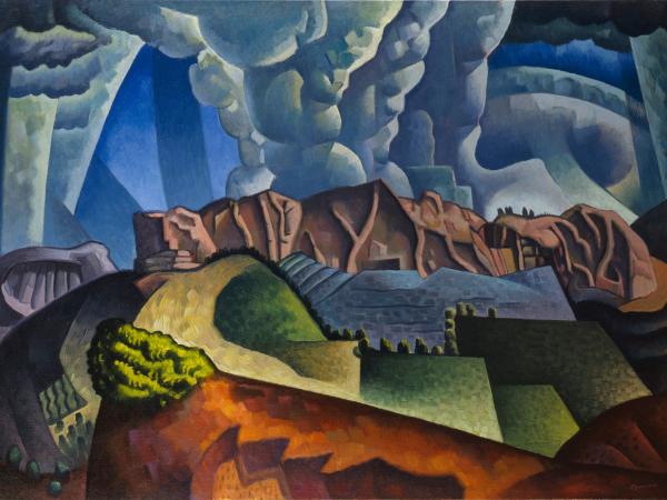 Colorful mountain vista with white puffs of smoke rising to the clouds