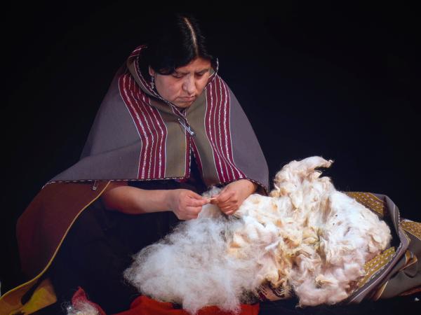 Woman sitting in the ground working on wool