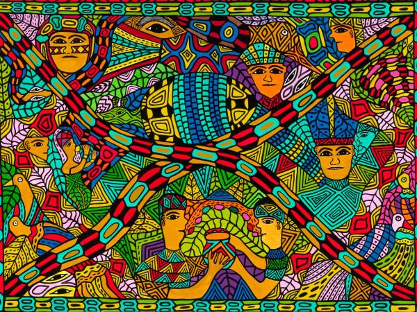 Colorful and intricately patterned acrylic painting featuring several faces and figures and eyes