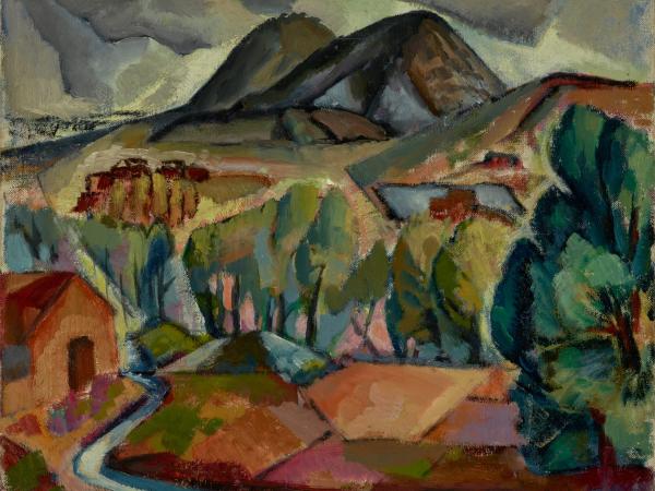 Abstract painting of house at the foot of a mountain range