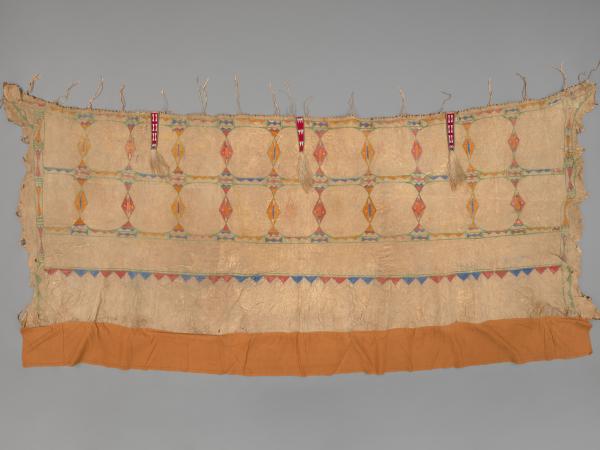 Large cowhide cloth comprised of paint, beads, and hair