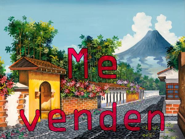 Oil painting of a streetscape with a large mountain looming in the background