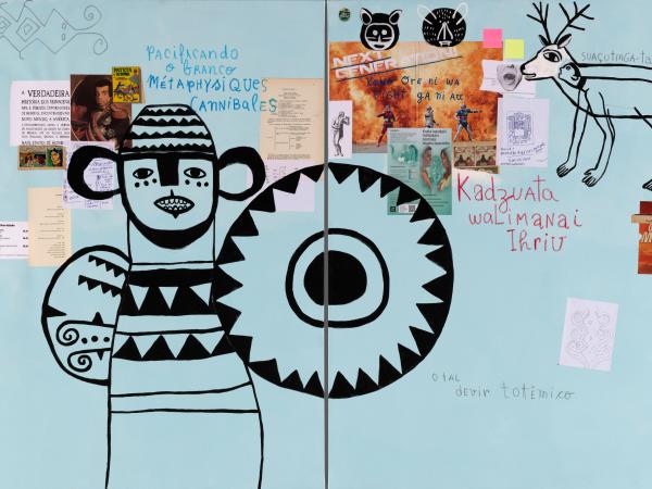 Mixed media collage featuring figures, drawings, papers, and other iconography