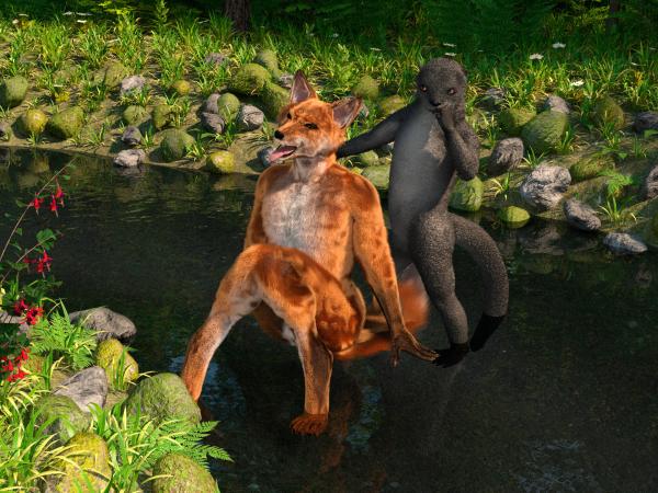 Still from a 3D animation video featuring an orange fox and black otter