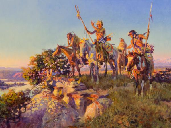 Three Native American men on horseback looking out at the top of a ridge