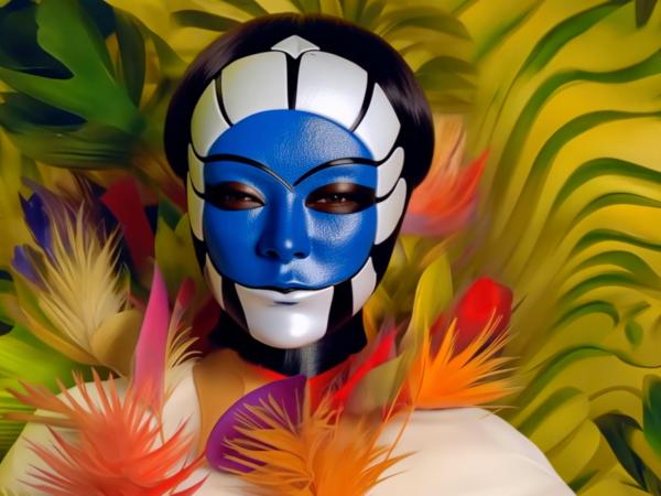 Video still of a woman with a heavily-painted and patterned blue and white face