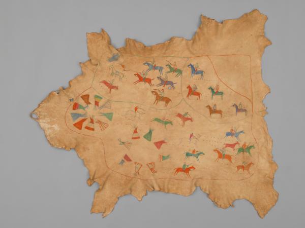 Deer hide artwork depicting groups of horseback riders