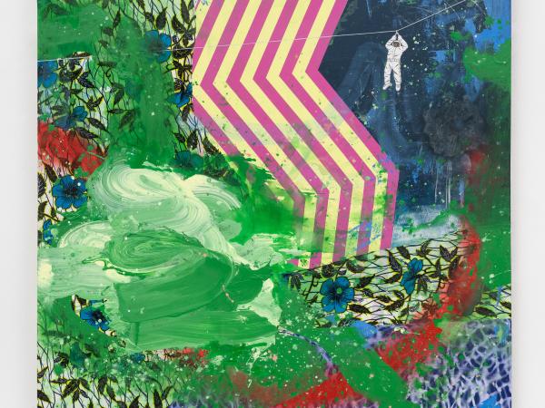 Abstract painting of green swirling paint and red and white patterned lines