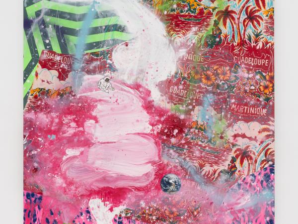 Abstract painting of pink and red shapes, dots, lines, and patterns.