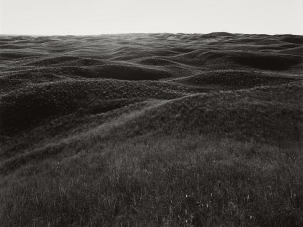 Black and white photo of a rolling grassy landscape.