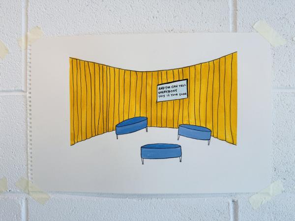 Concept art of a yellow curtain and blue chairs for the Your Song installation