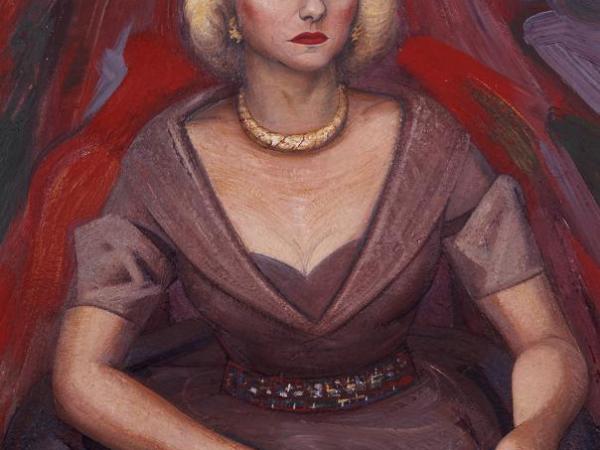 Blond-haired Natasha Gelman posing for a portrait in an elegant lavender-colored dress