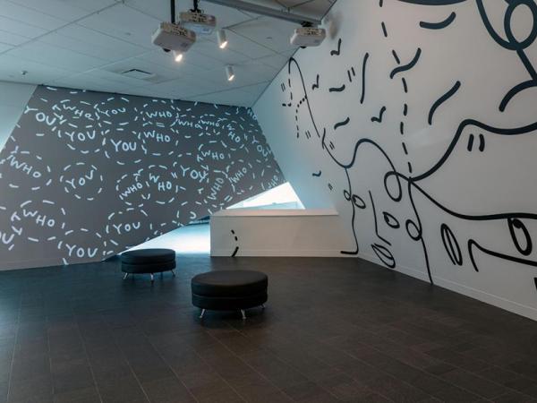 View of words and lines installation from a distance