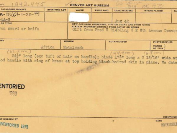 Front of catalog card of an object in the African art collection
