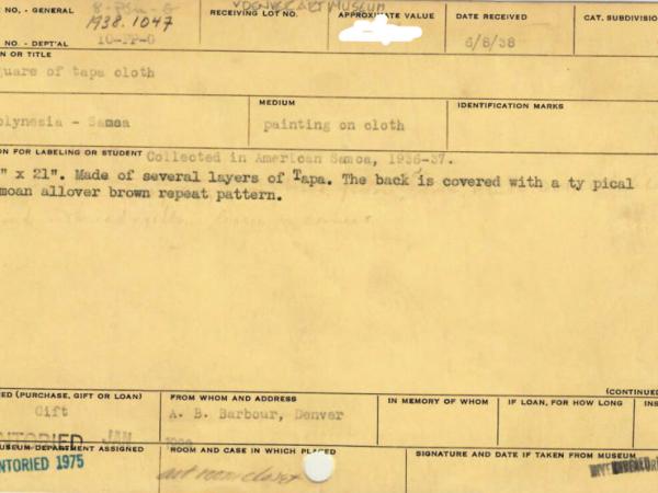 Front of catalog card of bark cloth in the Oceanic art collection