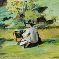 Impressionistic painting of Cezanne with his art supplies in the middle of a green field