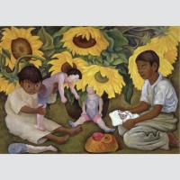 two children in front of potted sunflowers
