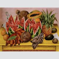 a cut open watermelon and coconut, papaya, and pineapple. on the right of the watermelon a small woman dressed in white looks into the watermelon