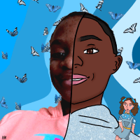 Image depicts a young black student. The left half of the figure is a photograph of their face and shoulder. Figure is wearing a pink sweatshirt. Half the face is drawn using digital animation and the background has blue stripes and butterflies