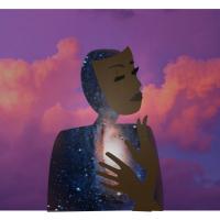 This digital artwork has a  figure with stars on their silhouette, their face has a brown complexion is a floating mask and their hands are crossed over their heart. The background has purple clouds.