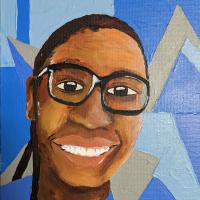 This painting depicts a smiling black teacher with a blue shirt and black glasses. The background has dark and light blue shapes.